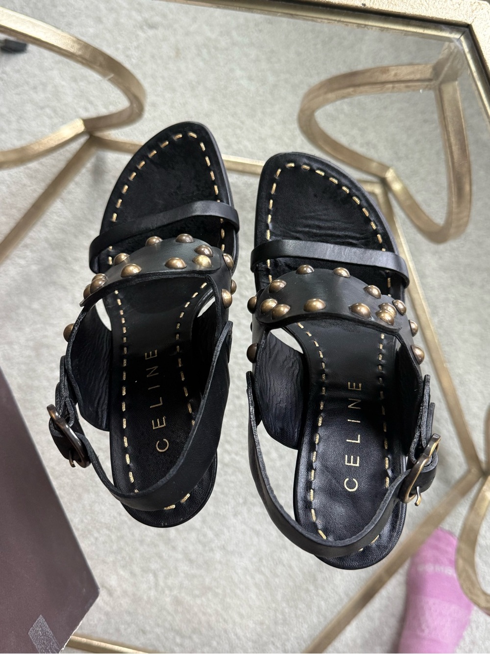 Celine Black Leather Gold Studded Punjab Sandals Msrp Approx $1200 View 3